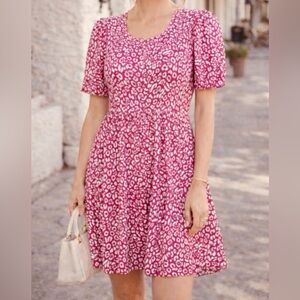 Zara Pink Leopard Print Cut Out Puff Sleeve Mini Dress M Spring Summer Boho